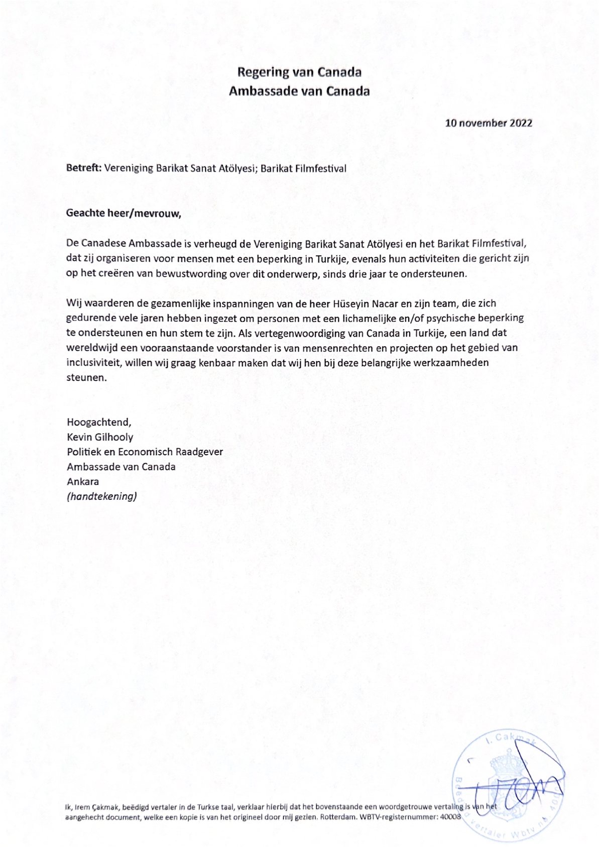 Sworn Dutch translation and original: Embassy of Canada in Ankara
